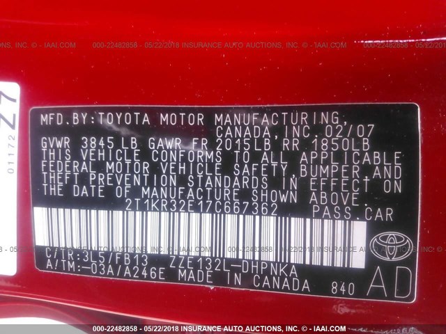 2T1KR32E17C667362 - 2007 TOYOTA COROLLA MATRIX XR RED photo 9