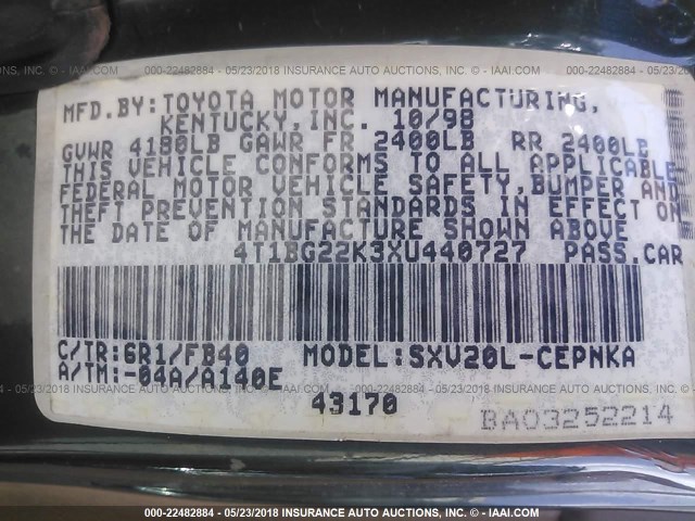 4T1BG22K3XU440727 - 1999 TOYOTA CAMRY CE/LE/XLE GREEN photo 9