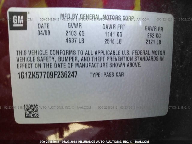 1G1ZK57709F236247 - 2009 CHEVROLET MALIBU LTZ 栗色 照片 9