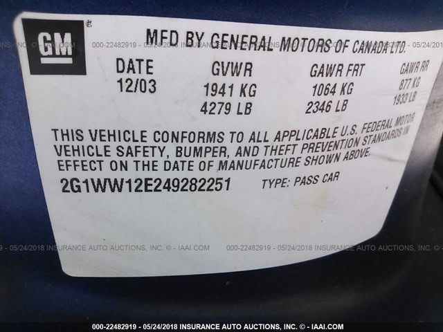 2G1WW12E249282251 - 2004 CHEVROLET MONTE CARLO LS 蓝色 照片 9