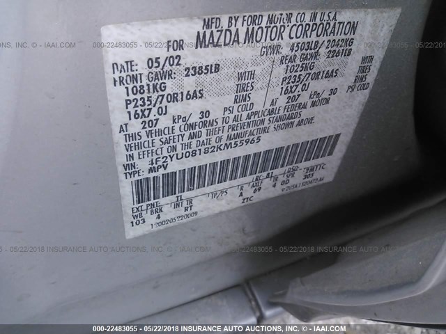 4F2YU08182KM55965 - 2002 MAZDA TRIBUTE LX/ES 银色 照片 9