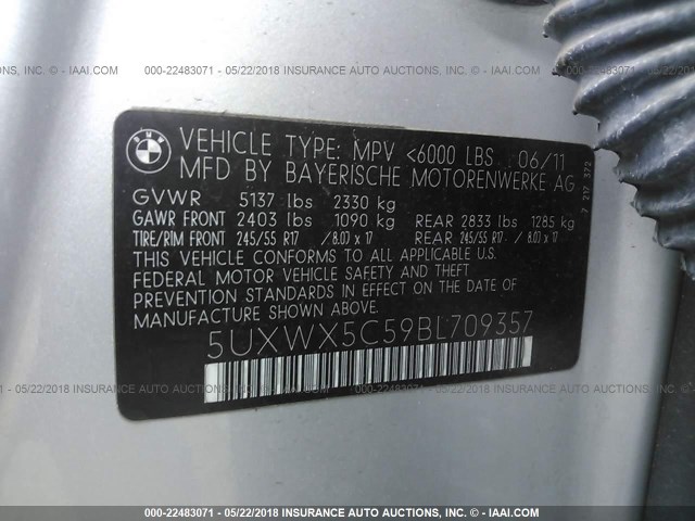 5UXWX5C59BL709357 - 2011 BMW X3 XDRIVE28I SILVER photo 9