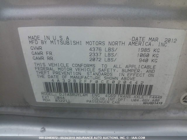 4A32B2FF0CE020442 - 2012 MITSUBISHI GALANT FE SILVER photo 9