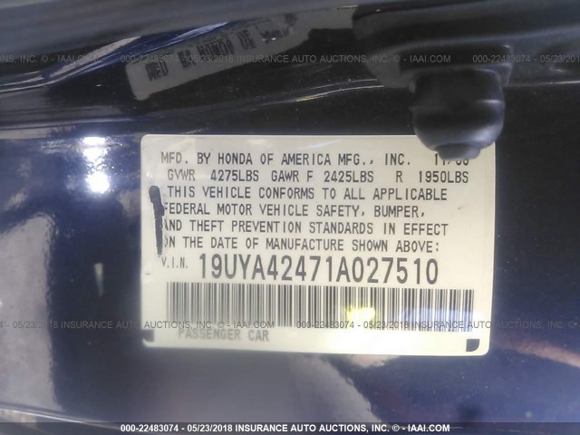 19UYA42471A027510 - 2001 ACURA 3.2CL Dark Blue photo 9