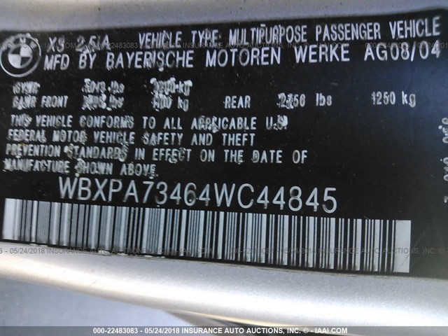 WBXPA73464WC44845 - 2004 BMW X3 2.5I SILVER photo 9