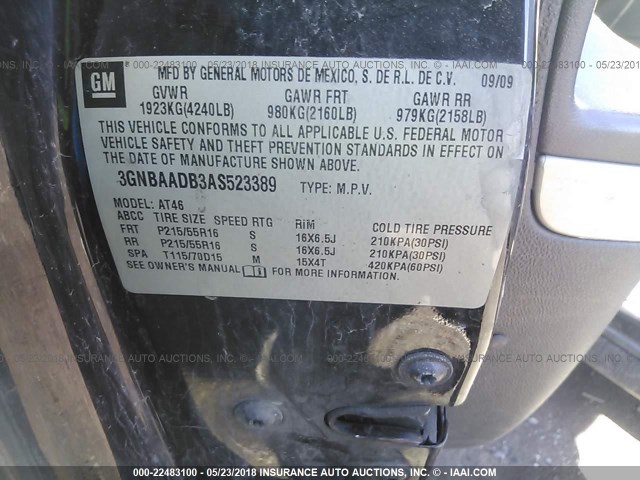 3GNBAADB3AS523389 - 2010 CHEVROLET HHR LS შავი ფოტო 9