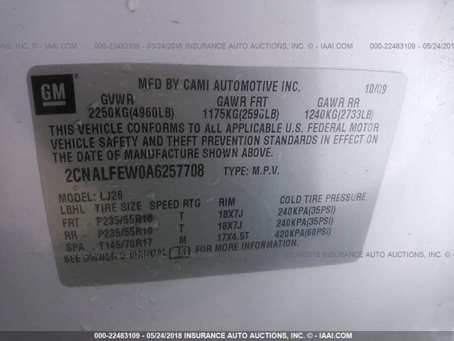 2CNALFEW0A6257708 - 2010 CHEVROLET EQUINOX LTZ WHITE photo 9