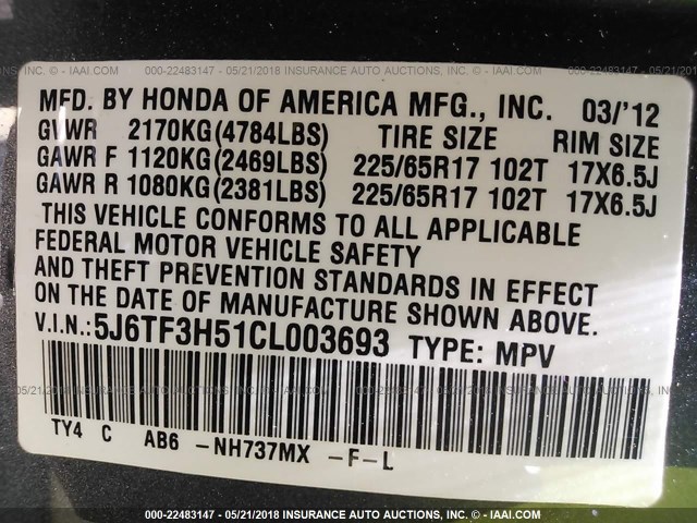 5J6TF3H51CL003693 - 2012 HONDA CROSSTOUR EXL ნაცრისფერი ფოტო 9