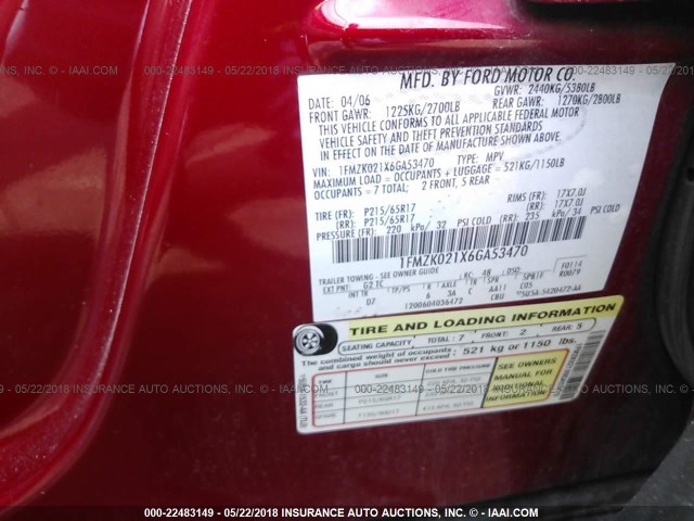 1FMZK021X6GA53470 - 2006 FORD FREESTYLE SEL RED photo 9