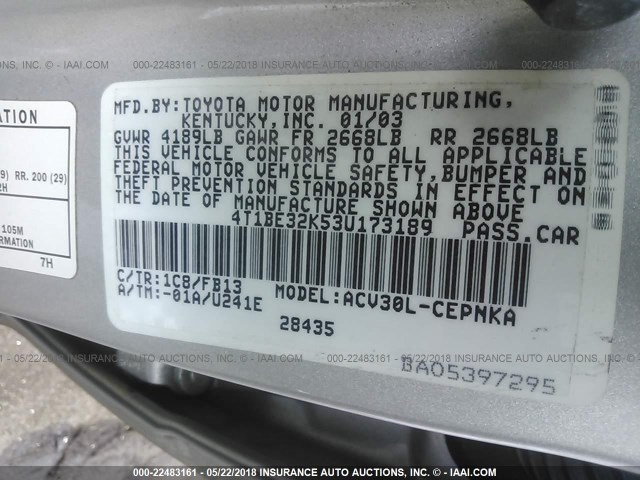 4T1BE32K53U173189 - 2003 TOYOTA CAMRY LE/XLE/SE ვერცხლისფერი ფოტო 9