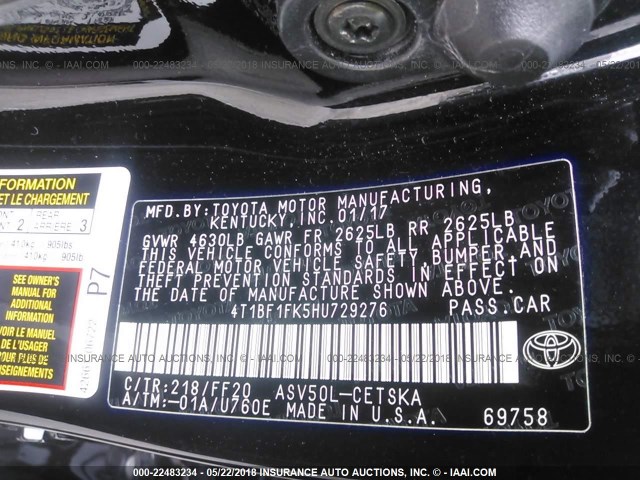 4T1BF1FK5HU729276 - 2017 TOYOTA CAMRY LE/XLE/SE/XSE BLACK photo 9