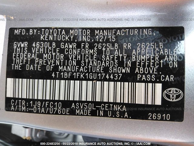 4T1BF1FK1GU174437 - 2016 TOYOTA CAMRY LE/XLE/SE/XSE SILVER photo 9