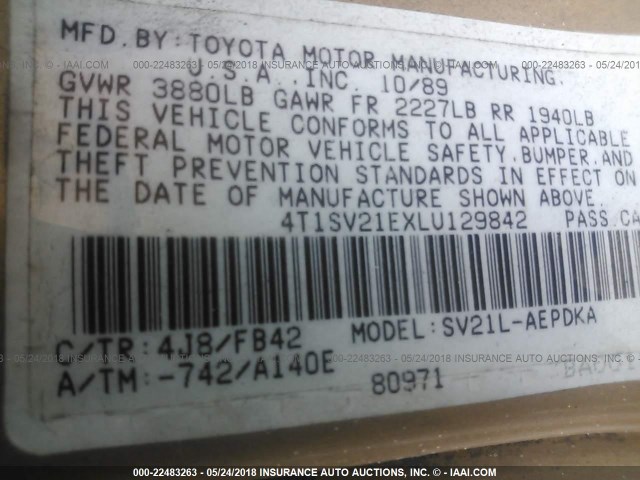 4T1SV21EXLU129842 - 1990 TOYOTA CAMRY DLX 金色 照片 9