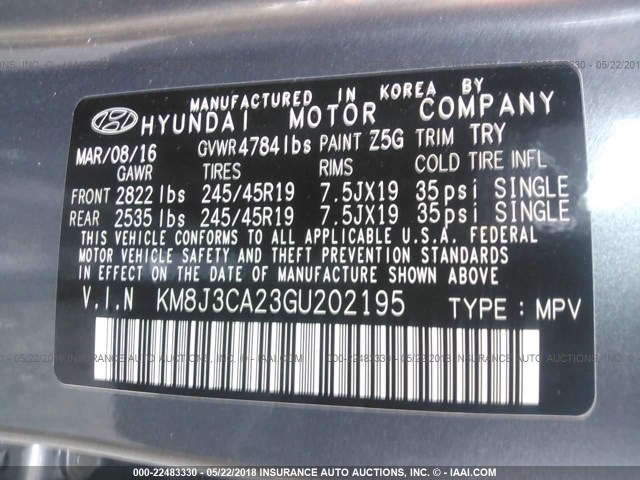 KM8J3CA23GU202195 - 2016 HYUNDAI TUCSON LIMITED/SPORT AND ECO/SE GRAY photo 9