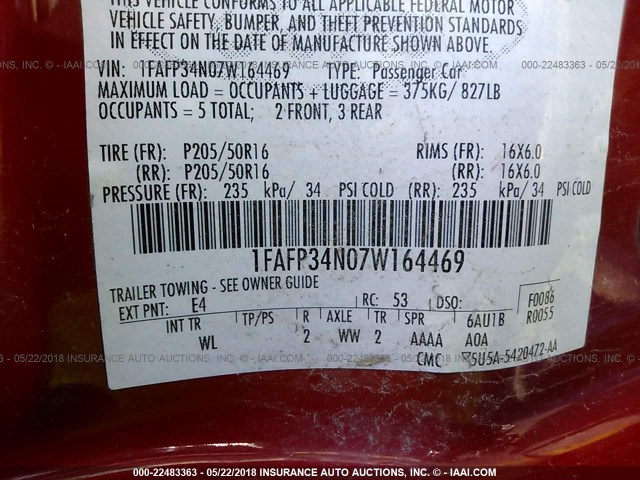 1FAFP34N07W164469 - 2007 FORD FOCUS ZX4/S/SE/SES 红色 照片 9