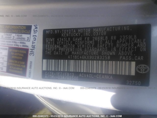 4T1BE46KX9U283258 - 2009 TOYOTA CAMRY SE/LE/XLE SILVER photo 9