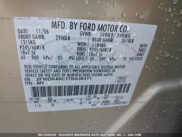 2FMDK49C17BA38311 - 2007 FORD EDGE SEL PLUS GOLD photo 9