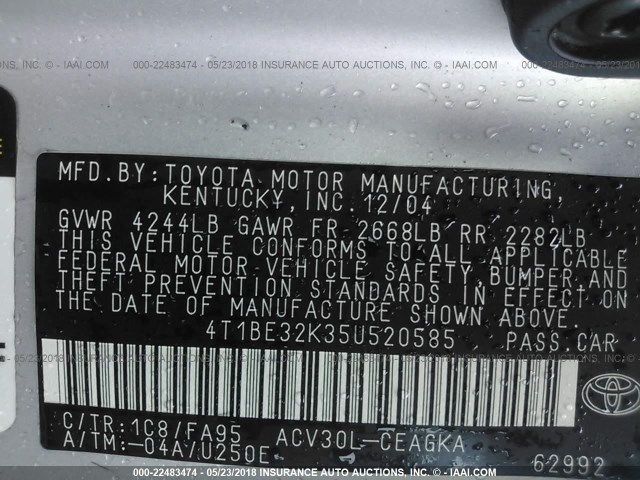 4T1BE32K35U520585 - 2005 TOYOTA CAMRY LE/XLE/SE Gümüş foto 9