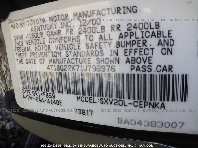 4T1BG22K71U796976 - 2001 TOYOTA CAMRY CE/LE/XLE 绿色 照片 9