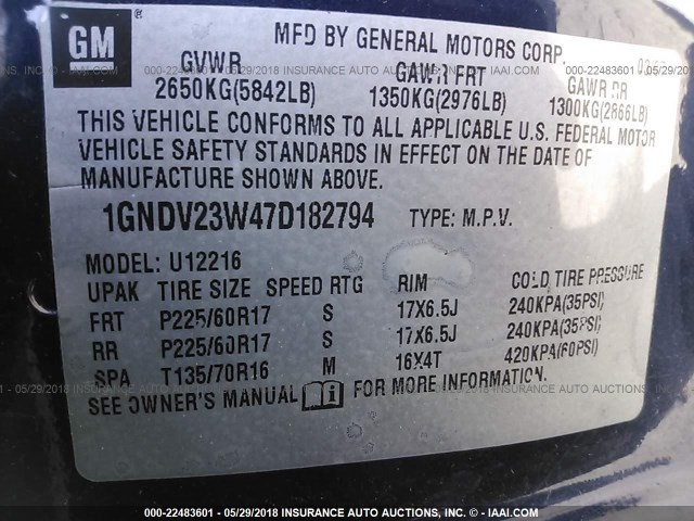 1GNDV23W47D182794 - 2007 CHEVROLET UPLANDER LS Dark Blue photo 9