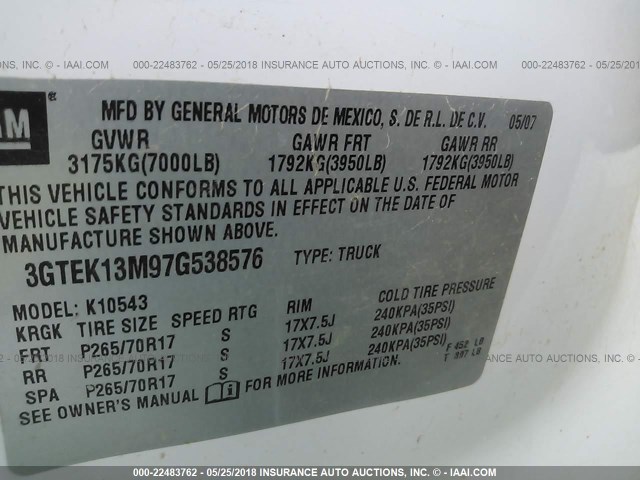 3GTEK13M97G538576 - 2007 GMC NEW SIERRA K1500 WHITE photo 9