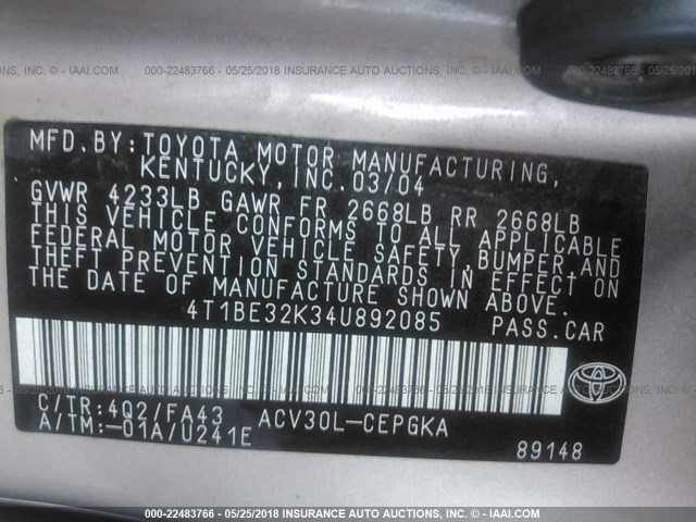 4T1BE32K34U892085 - 2004 TOYOTA CAMRY LE/XLE/SE Şampan foto 9