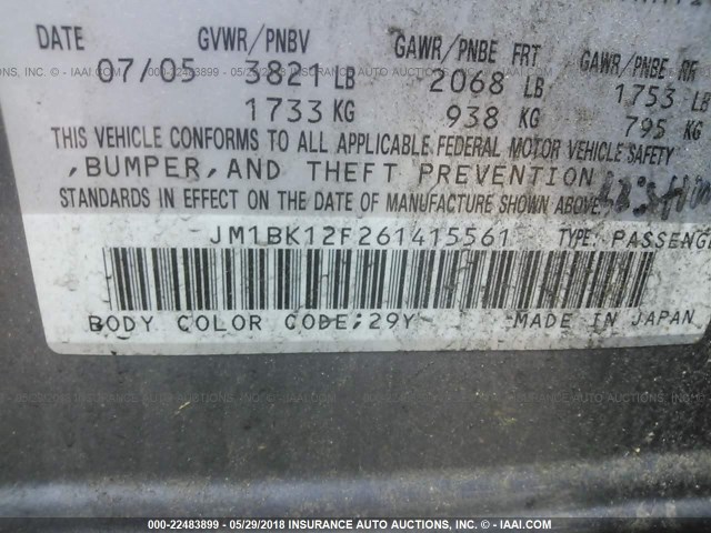 JM1BK12F261415561 - 2006 MAZDA 3 I GRAY photo 9