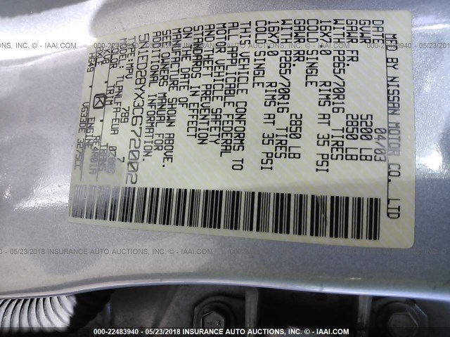 5N1ED28YX3C672002 - 2003 NISSAN XTERRA XE/SE SILVER photo 9