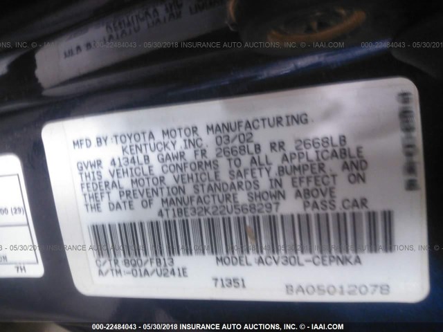 4T1BE32K22U568297 - 2002 TOYOTA CAMRY LE/XLE/SE 蓝色 照片 9