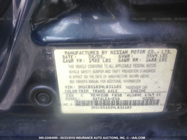 3N1CB51D34L831185 - 2004 NISSAN SENTRA 1.8/1.8S Dark Blue photo 9