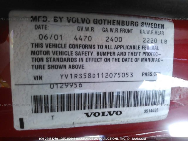 YV1RS58D112075053 - 2001 VOLVO S60 2.4T RED photo 9