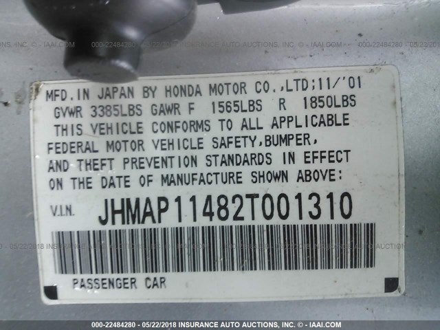 JHMAP11482T001310 - 2002 HONDA S2000 SILVER photo 9