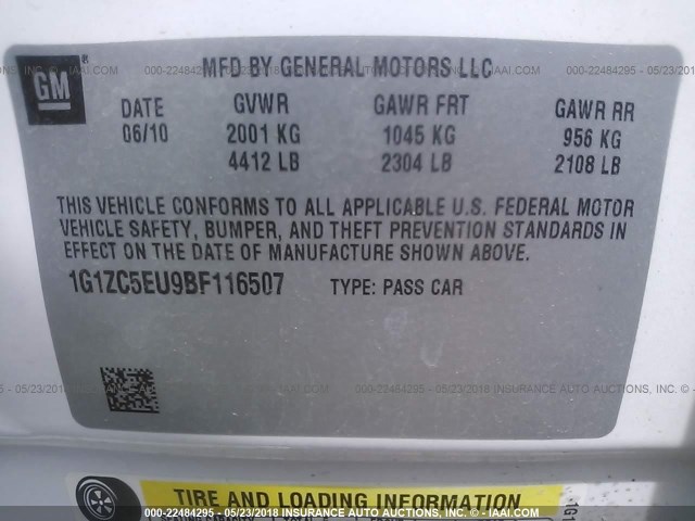 1G1ZC5EU9BF116507 - 2011 CHEVROLET MALIBU 1LT 白色 照片 9