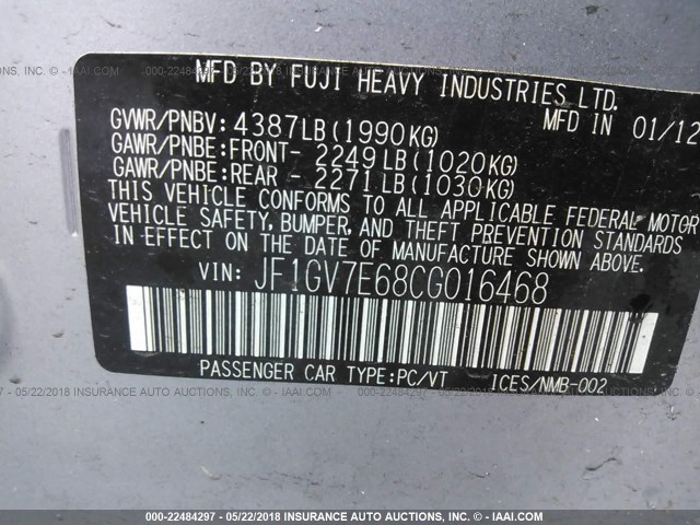 JF1GV7E68CG016468 - 2012 SUBARU IMPREZA WRX SILVER photo 9