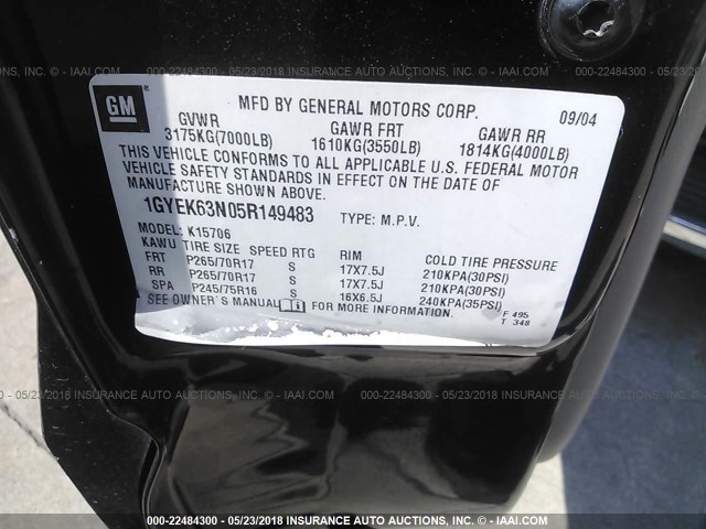 1GYEK63N05R149483 - 2005 CADILLAC ESCALADE LUXURY შავი ფოტო 9