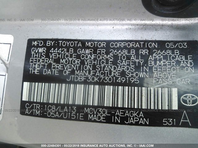 JTDBF30K730149195 - 2003 TOYOTA CAMRY LE/XLE Silber Foto 9