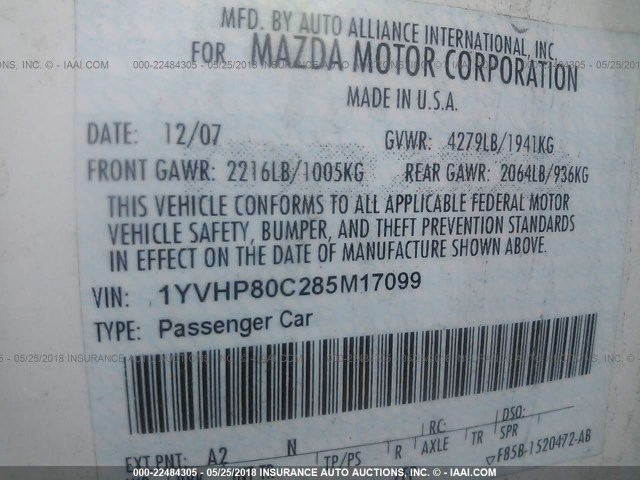 1YVHP80C285M17099 - 2008 MAZDA 6 I Ağ foto 9