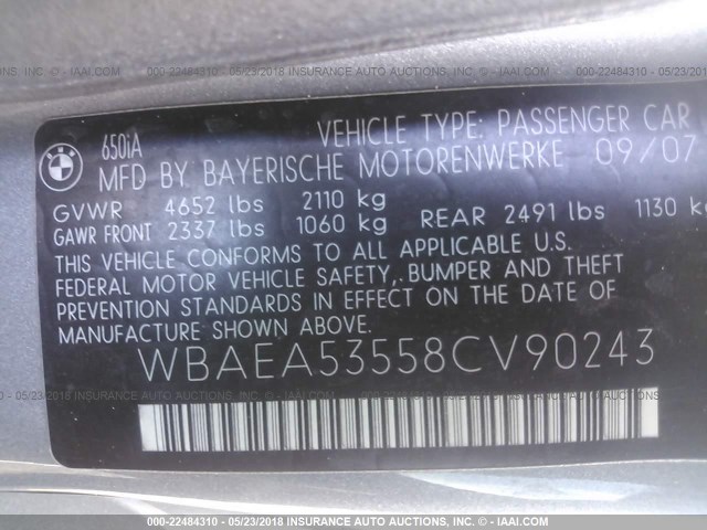WBAEA53558CV90243 - 2008 BMW 650 I ნაცრისფერი ფოტო 9