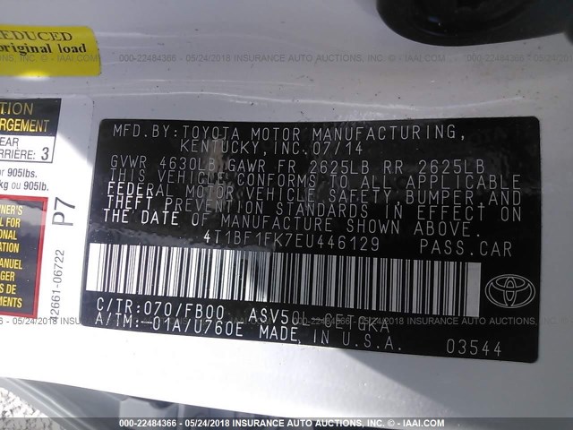 4T1BF1FK7EU446129 - 2014 TOYOTA CAMRY L/SE/LE/XLE 白色 照片 9