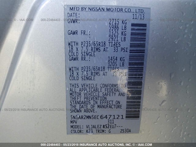 5N1AR2MN5EC647121 - 2014 NISSAN PATHFINDER S/SV/SL/PLATINUM 银色 照片 9