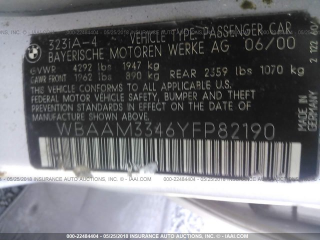 WBAAM3346YFP82190 - 2000 BMW 323 I SILVER photo 9