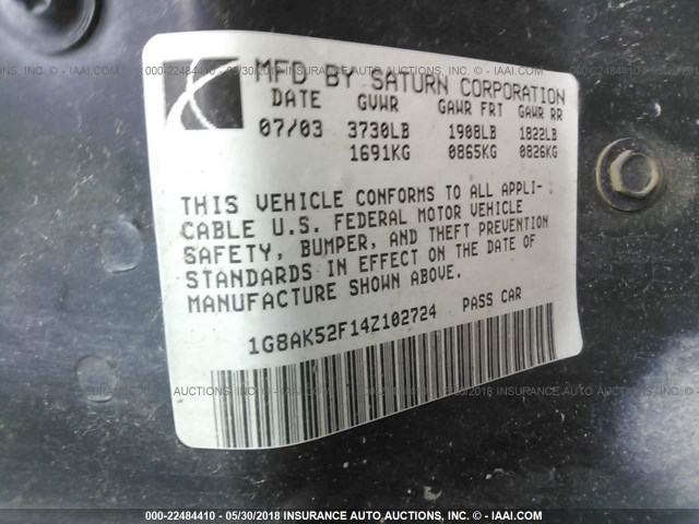 1G8AK52F14Z102724 - 2004 SATURN ION LEVEL 3 BLUE photo 9