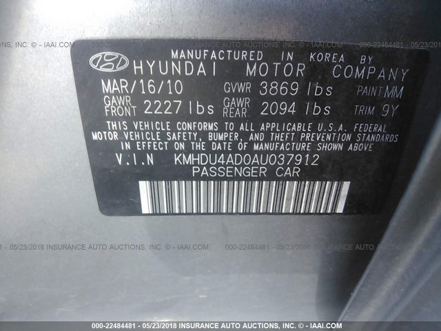 KMHDU4AD0AU037912 - 2010 HYUNDAI ELANTRA BLUE/GLS/SE GRAY photo 9