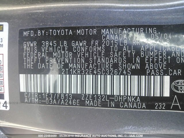 2T1KR32E45C326745 - 2005 TOYOTA COROLLA MATRIX XR GRAY photo 9