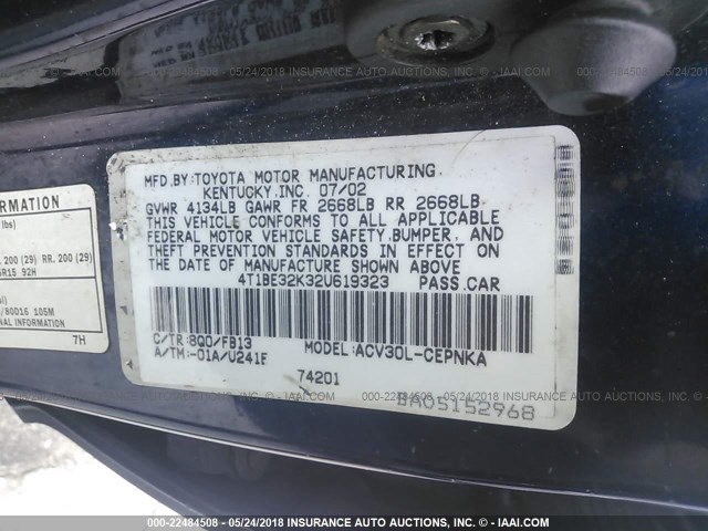 4T1BE32K32U619323 - 2002 TOYOTA CAMRY LE/XLE/SE ლურჯი ფოტო 9