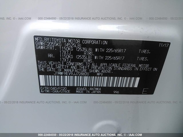 JTMWFREV9JJ728820 - 2018 TOYOTA RAV4 ADVENTURE/XLE 白色 照片 9