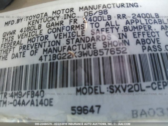 4T1BG22K3WU857652 - 1998 TOYOTA CAMRY CE/LE/XLE 金色 照片 9