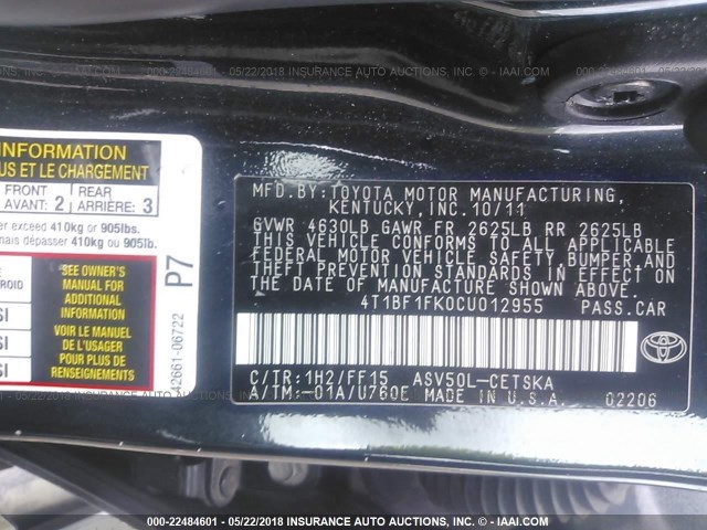 4T1BF1FK0CU012955 - 2012 TOYOTA CAMRY SE/LE/XLE BLACK photo 9