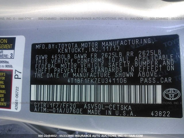 4T1BF1FK7EU341106 - 2014 TOYOTA CAMRY L/SE/LE/XLE 银色 照片 9