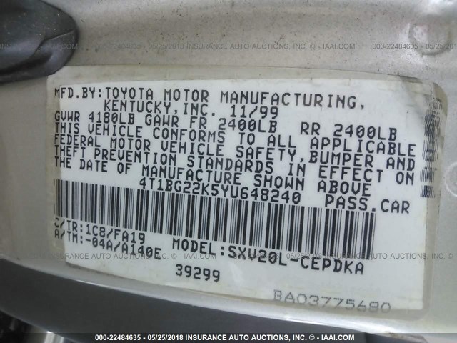 4T1BG22K5YU648240 - 2000 TOYOTA CAMRY CE/LE/XLE 银色 照片 9